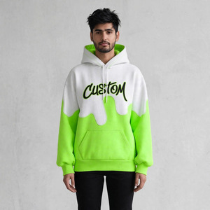 Sudadera con Capucha Personalizada con Estampado Dripping, 100% Algodón, para Hombre, Estilo Urbano, Oversize, Verde y Blanco con Bloques de Color, Logotipo Frontal y Bolsillo, Otoño - Product Image 1