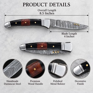 Cuchillo de bolsillo hecho a mano de acero de Damasco, tipo Sheepsfoot, con mango de madera y latón, grado industrial, 8 pulgadas, con funda de cuero. - Product Image 4