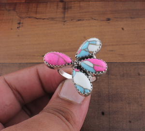 Bague de fête classique en argent sterling 925, turquoise bonbon, avec quatre pierres en forme de poire et grappe papillon, pour femme, vente en gros - Product Image 1