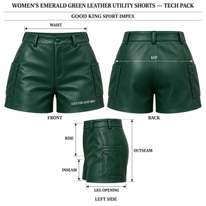 Shorts cargo pour femme en similicuir vert foncé, poches utilitaires, passants de ceinture, style émeraude, marque urbaine originale - Product Image 6