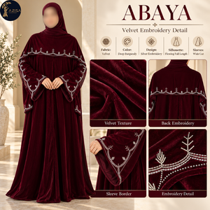 Abaya élégante en tissu velours bordeaux foncé avec broderie argentée |   Bordures décoratives perlées le long des manches larges et du collier - Product Image 5