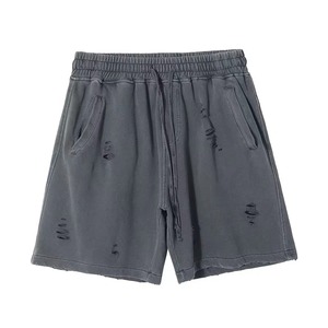 <b>Men</b> Gray Cotton Drawstring Shorts With Distressed Holes Regular Fit Knitted Swim <b>Trunk</b> Style - Product Image 1