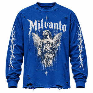 เสื้อยืดแขนยาวสีน้ำเงินรอยัล 100% ผ้าฝ้ายเนื้อหนัก 250 GSM สไตล์ดิสเทรส สำหรับแบรนด์สตรีทแวร์ คุณภาพพรีเมียม - Product Image 1