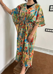 Caftán Largo de Algodón con Estampado Tropical, Estilo Boho, Cuello en V, Corte Holgado, Manga Corta, para Mujer, Informal, de Verano - Product Image 4