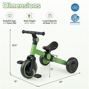 Tricycle pliable 5-en-1 vert pour tout-petits avec guidon réglable, siège ergonomique et pédales amovibles – Produit pour enfants - Product Image 4
