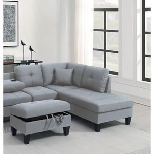 Set di Divani Componibili in Lino Grigio Tortora 3 Pezzi con Chaise Longue LAF RAF, Pouf Contenitore e Portabicchieri - Product Image 3
