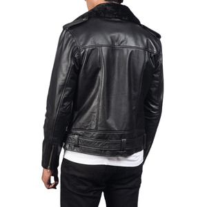 Men's <b>Black</b> Genuine Leather Motorcycle Jacket Winter Biker <b>Coat</b> <b>with</b> Turn Down <b>Collar</b> Zipper - Product Image 4