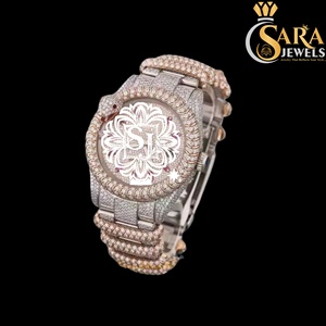 High Quality Full Automatic ETA Movement Round Dial Day and Date Baguette Cut Moissanite <b>Studded</b> 18K Yellow Gold Plated Watch - Product Image 3