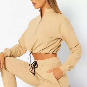 Conjunto Deportivo Casual para Mujer, Manga Larga, Cierre de Media Cremallera, Color Sólido, Pantalones Holgados con Cordón y Bolsillos Laterales, Ropa de Otoño - Product Image 4