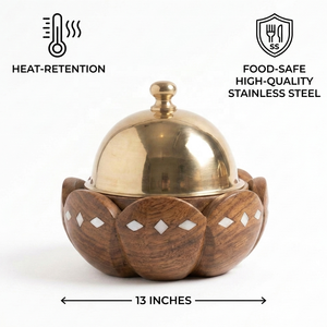 Juego de Cazuelas de Madera Sheesham con Silueta Floral, con Incrustaciones a Mano de Madreperla y Tapa de Latón, para Mantener la Comida Caliente - Product Image 4