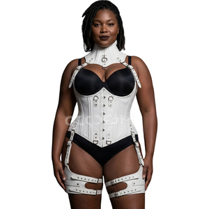 Underbust Steelboned <b>White</b> Leather <b>Corset</b> With Neck <b>Corset</b> And Thigh Harness - Product Image 1