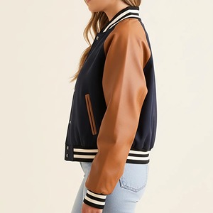 Custom Women's College Varsity Baseball Jacket With Genuine Leather Sleeves Embroidered Chenille Patches Woolen Cropped Design - Product Image 4