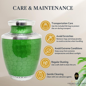 โกศบรรจุอัฐิสีเขียวสำหรับผู้ใหญ่ |   โกศบรรจุอัฐิขนาด 220 คิวบิกอินช์ สลักลายสีเงิน เป็นมิตรกับสิ่งแวดล้อม ดีไซน์ปรับแต่งได้ - Product Image 5