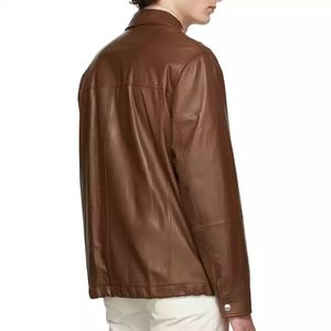<b>Men's</b> <b>Brown</b> Genuine <b>Leather</b> <b>Jacket</b> Turn-down Collar Casual Style Regular Fit Autumn Wear - Product Image 2