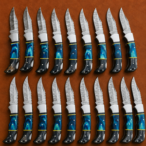 มีดพับเหล็กดามัสกัส SAZ ENTERPRISES ด้ามไม้สีน้ำเงิน ผลิตด้วยมือ สำหรับพกพา ล่าสัตว์ ตั้งแคมป์ เอาตัวรอด ขนาด 7 นิ้ว - Product Image 1