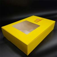 Boîte à donuts pliable en papier écologique jaune avec logo personnalisé, fenêtre transparente en PET, emballage pour pâtisserie, dessert à emporter