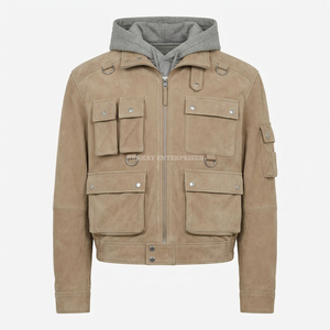 Custom Suede Leather <b>Utility</b> Bomber <b>Jacket</b> Detachable Hooded Multi Pocket Techwear Streetwear Wholesale <b>Men</b> Outwear Manufacturer - Product Image 1