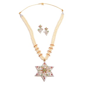 RAY FINE ORNATES Two Line Pearl <b>Necklace</b> Set 22K Gold Plated Vintage IGI Certified Star Emerald <b>Ruby</b> CZ Bridal Wedding Jewelry - Product Image 2