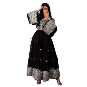 Terciopelo Hermoso en Color Azul con Diseño Dorado, MOQ Bajo, Proveedor Directo de Fábrica de Vestidos Tradicionales - Product Image 1