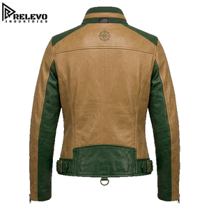 Men Two Tone Tan and Green Genuine Leather <b>Racing</b> <b>Jacket</b>, Vintage Racer Biker <b>Jacket</b> with Double Zipper & Compass Logo - Product Image 2