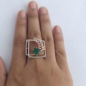 18K Rose Gold Green Emerald Center Diamond Halo <b>Statement</b> <b>Ring</b> for Women Geometric Square Design Party Wear Wedding Gift Fine - Product Image 4