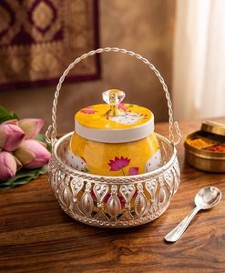 <b>Metal</b> Spice Jar With Floral Design Yellow Round <b>Container</b> With Handle And <b>Metal</b> Basket For Kitchen Storage - Product Image 1