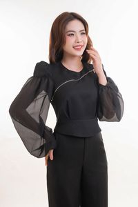 Chemise Peplum Tweed moderne de haute qualité pour femmes Style d'affaires respirant tissé à manches longues pour l'été automne printemps - Product Image 4