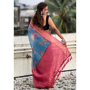 Sari de soirée en soie froissée bleue Elite Weaves, imprimé floral, avec bordure tissée Zari, 500g - Product Image 3