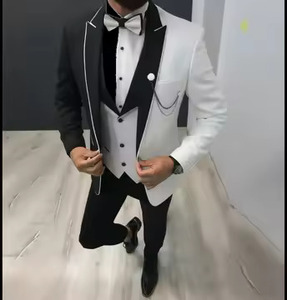 Traje de esmoquin blanco para hombre con solapas negras, cuello mandarín, doble botonadura, antiarrugas, estilo británico, frente plano, viscosa, talla grande - Product Image 1