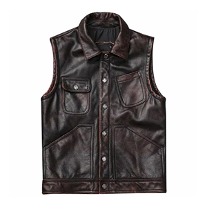 Gilet sans manches réversible en cuir véritable pour homme, style motard, avec fermeture éclair, classique, décontracté et tendance - Product Image 4