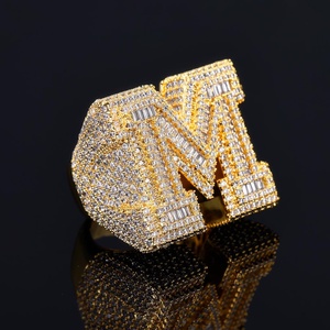 Iced Out Letter M <b>Cocktail</b> <b>Ring</b> 24K <b>Gold</b> Plated Cubic Zirconia Micro Pave Unisex Glam Party Jewelry Available for Export Price - Product Image 1