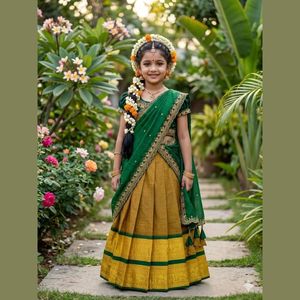Green and Mustard Kids <strong>Half</strong> <strong>Saree</strong> <strong>Set</strong> Cotton Silk Lehenga Heavy Embroidery Choli Full Stitched Manufacturer Rate By Royal Export - Product Image 3