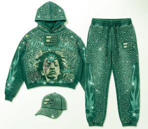 Survêtement tendance personnalisé avec strass, comprenant un sweat à capuche, un pantalon de jogging et une casquette, de haute qualité, effet délavé vintage, streetwear, OEM disponible - Product Image 5