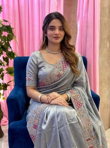 Indian Trending Beautifully Designed <b>Saree</b> Heavy Silk With Handwork Chocolate Lady <b>Saree</b> for Party and Fully <b>Stitched</b> - Product Image 1