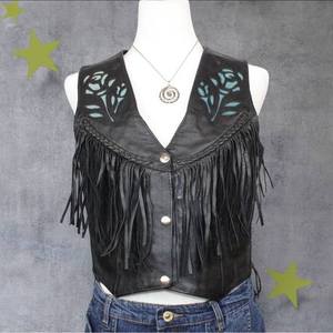 Gilets en cuir de vachette pour femmes, broderie, franges, style bohème vintage, col rabattu, col en V, coupe-vent, vêtements d'extérieur écologiques - Product Image 1