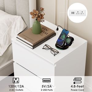 Nuovo Comodino a 3 Cassetti con Stazione di Ricarica, Tavolino Bianco per Camera da Letto, Soggiorno, Appartamento, con Spazio di Archiviazione - Product Image 2