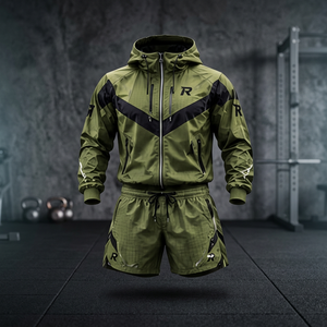 Conjunto Deportivo para Hombre, Color Verde Oliva, con Capucha, Ligero, para Exteriores, Manga Larga, Cierre Frontal con Cremallera, Secado Rápido, Pantalones Cortos Deportivos, Corte Regular - Product Image 4