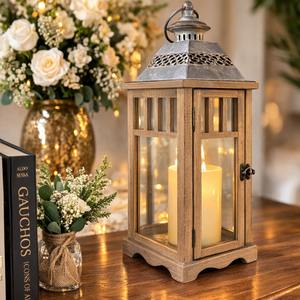 Nuevas Lámparas Decorativas Modernas de Metal y Madera al por Mayor, Faroles Antiguos para Decoración de Patio, Portavelas - Product Image 1