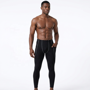 Leggings de Compresión Largos para Hombre, Color Negro Sólido, Spandex y Nailon, Cintura Elástica con Bolsillos - Product Image 4