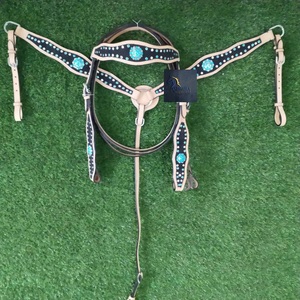 Western Tan <b>Leather</b> Horse Headstall & Breast Collar Set Turquoise & Clear Crystal Conchos SS Fitting - Product Image 1