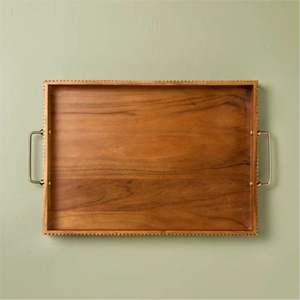 Luxury <b>Rectangle</b> Acacia Wood Serving Tray with Gold Metal Handles Handcrafted Decorative <b>Coffee</b> <b>Table</b> Ottoman Butler Tray Plates - Product Image 1