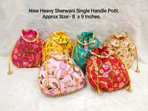 Nouvelles pochettes Potli Sherwani robustes à poignée unique, broderie artisanale élégante pour femmes et jeunes filles, pochette ethnique en soie à porter au poignet - Product Image 3