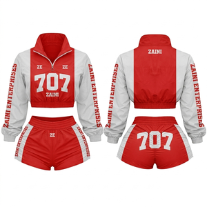 Women Crop Top Windbreaker Short Set 100 GSM Polyester Red <b>White</b> Colorblock Panel Design Custom Logo Sportswear Lightweight Fit - Product Image 1