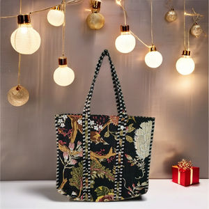 Sac fourre-tout en coton matelassé écologique, imprimé floral noir avec des oiseaux, grande capacité, réutilisable, pour le shopping, les voyages, la plage - Product Image 1