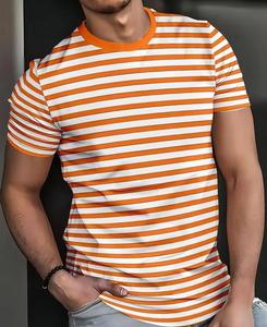 T-shirt décontracté pour homme à manches courtes, col rond, rayé, tricoté, coupe classique, 100 % coton, infroissable, avec logo frontal - Product Image 2