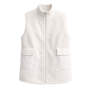 Custom <b>Women's</b> Off White Sherpa <b>Fleece</b> Vest Ribbed Collar Utility Pocket Full Zip Sleeveless Outerwear Warm <b>Gilet</b> Wholesale OEM - Product Image 1