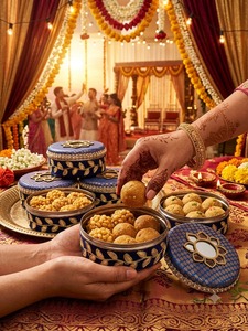Decorative Blue Brocade Steel <b>Mithai</b> <b>Box</b> Candy Container Diwali Wedding Ramadan Birthday Party Favors Dry Fruit Gift Packaging - Product Image 5