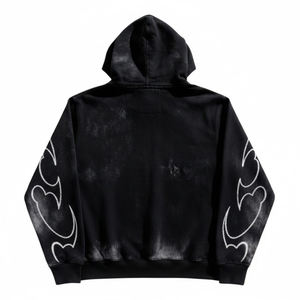 Sweat à capuche zippé en molleton noir personnalisé, effet vieilli, avec logo imprimé en relief sur la poitrine et motif flamme sur les manches, style Y2K, coupe oversize - Product Image 2