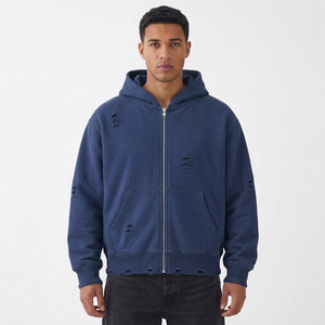<b>Men's</b> <b>Blue</b> Hooded Zip-Up Sweatshirt 100% Cotton French Terry Oversized Casual Autumn Wear - Product Image 1