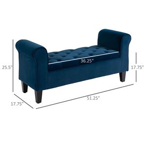 Panca contenitore imbottita in velluto blu con braccioli arrotolati e capitonné, ideale per casa, ufficio, ingresso, appartamento, ospedale - Product Image 3